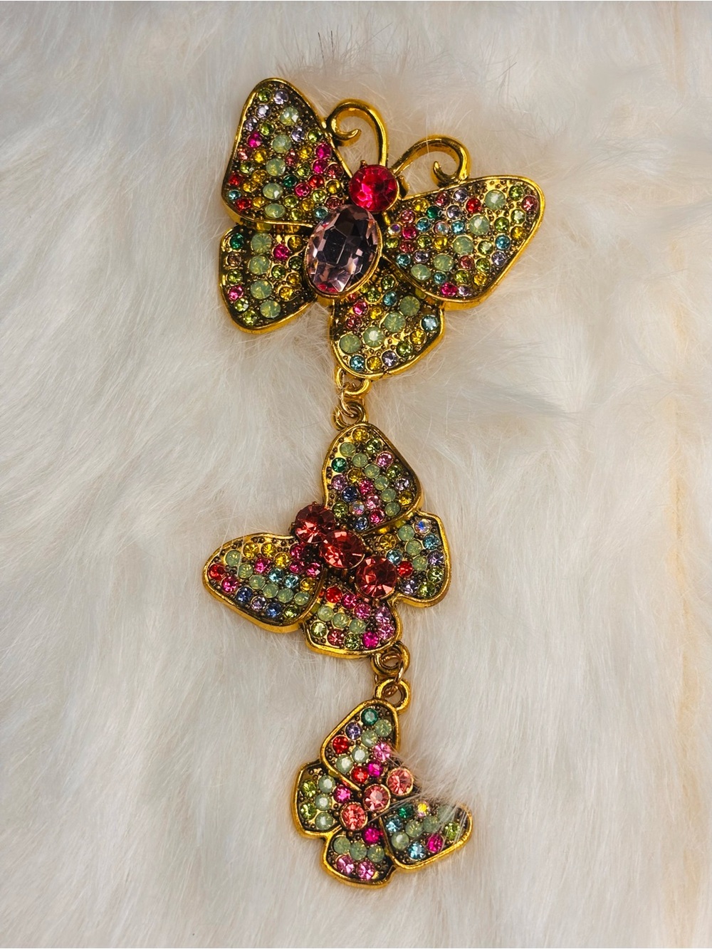 Multicolor Rhinestone Butterfly Dangle Brooch – Triple Butterfly Statement Pin